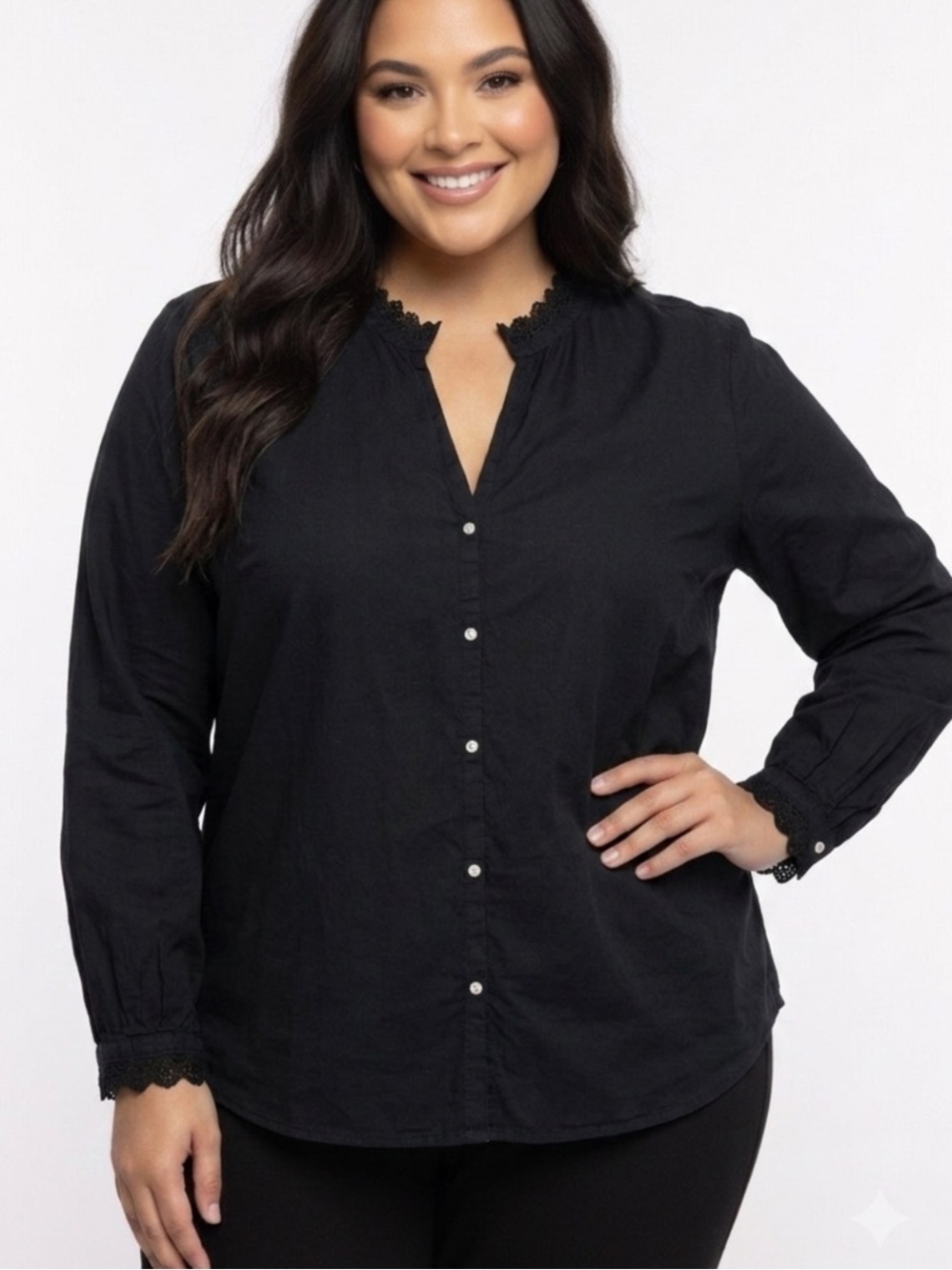 Old Navy Black Cotton Eyelet Lace Trim Split Neck Button Down Blouse Size XXL